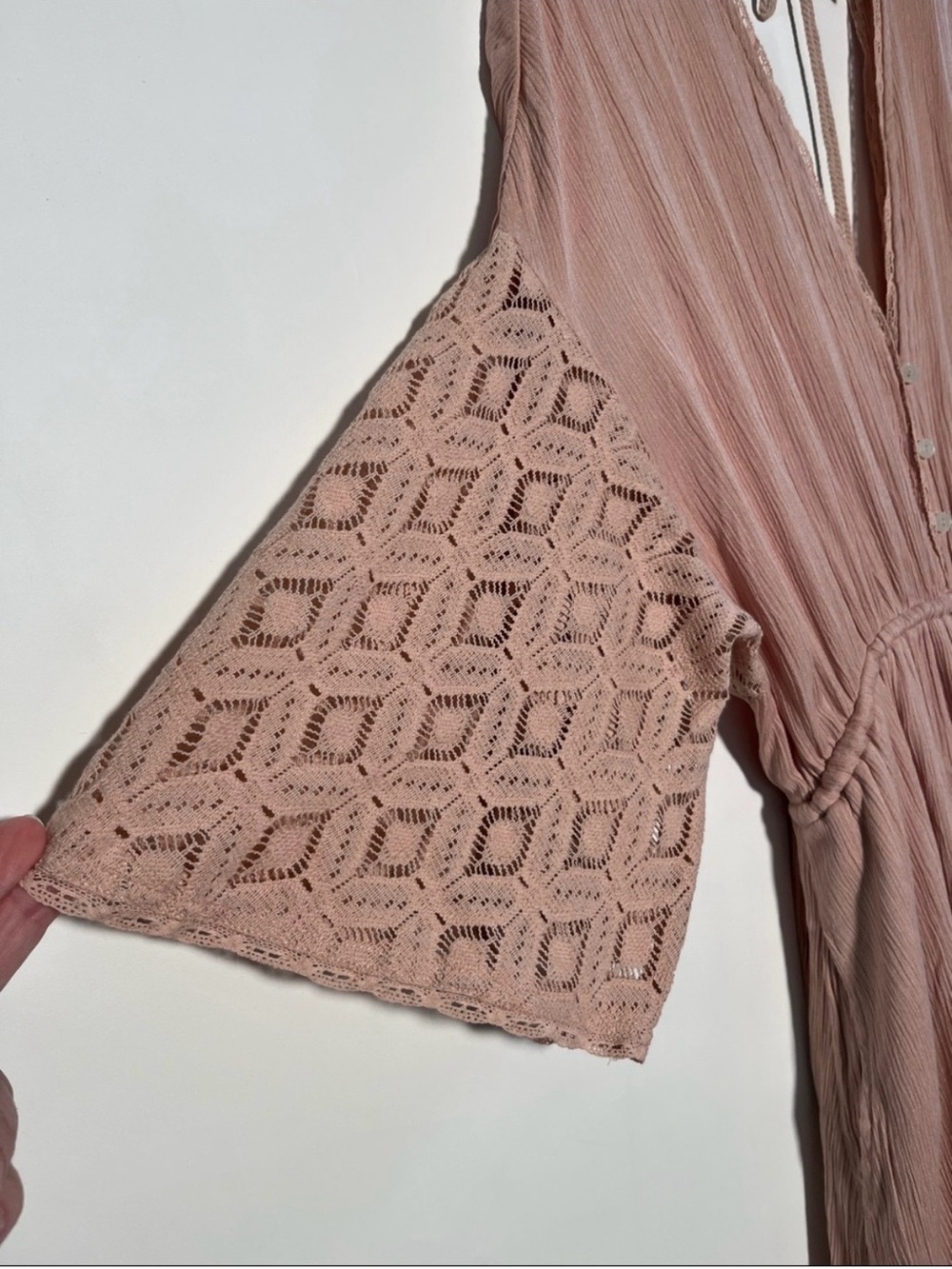 Free People Angela Wide Leg Flare Boho Pant Jumpsuit Crochet Blush Pink Sz Med - Picture 6 of 8